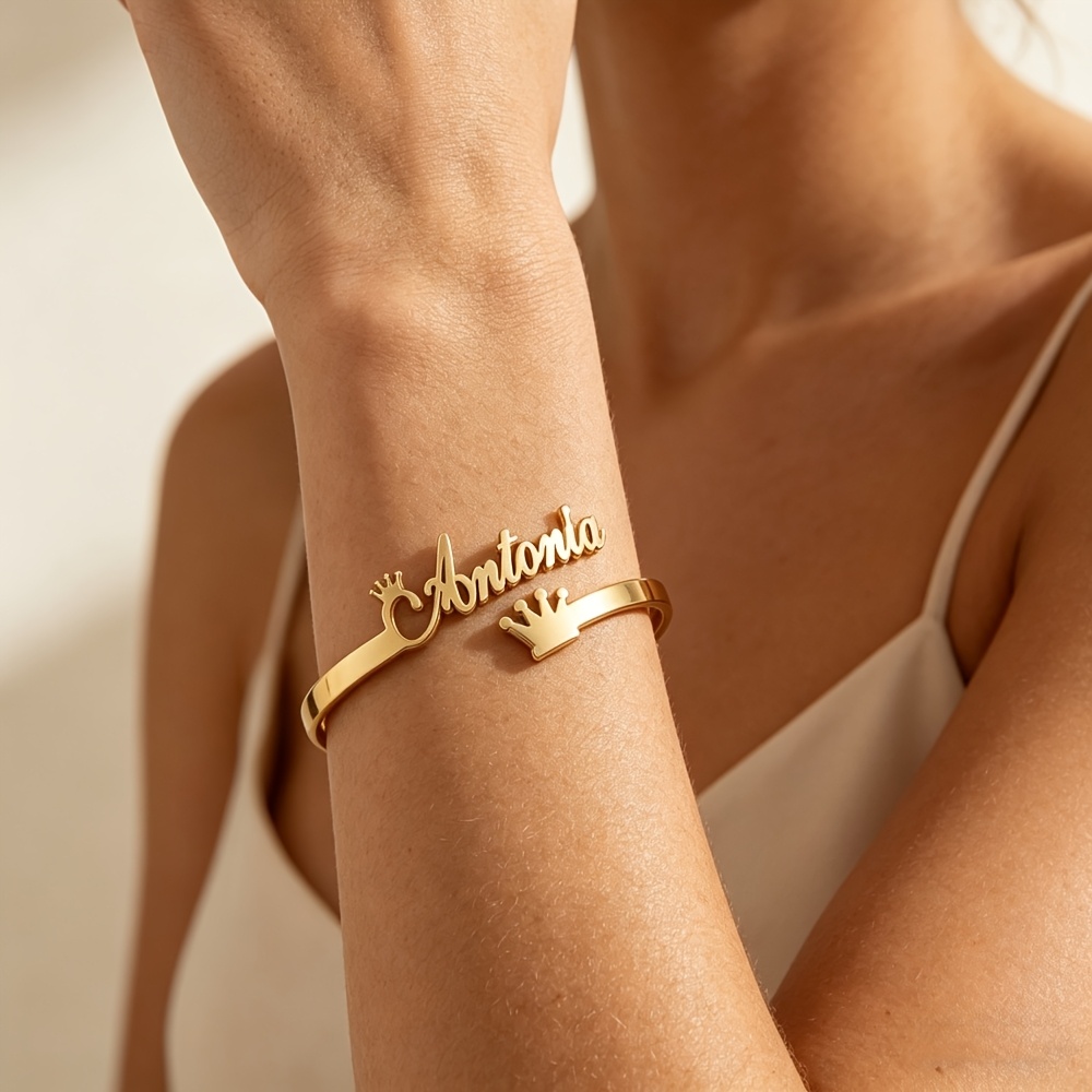 Custom Crown Name Golden Bracelet, Personalized Stainless Steel